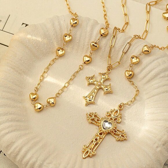 Cross Three pieces Necklace Set in Gold Color - Picture 3 of 4